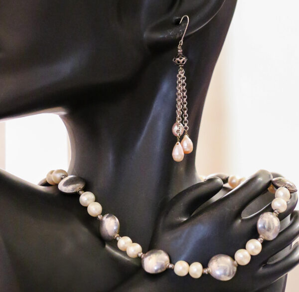 White Beads with Silver Necklace & Ear Ring