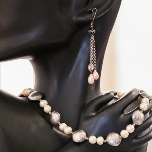 White Beads with Silver Necklace & Ear Ring